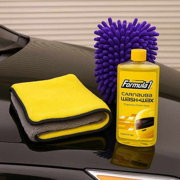 3-in-1 Car Detailing Kit  Microfiber Towel 40x40,500 GSM , Wash Mitt Glove & Formula 1 Carnauba Wax